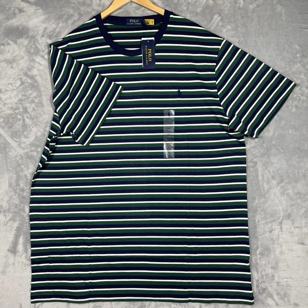 Polo Ralph Lauren Mens Striped Crewneck T-Shirt Pine Green Navy Blue 2LT NWT